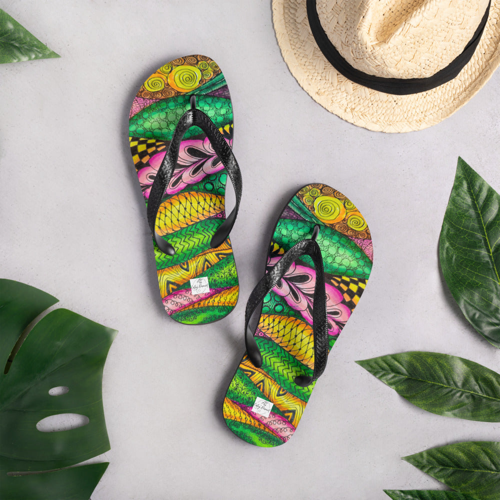 Flip-Flops - Zen Bloom - Colorful Zentangle Abstract Artwork Design, Wearable Art Shoes