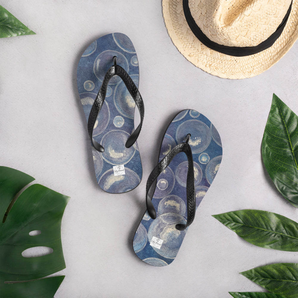 Flip-Flops - Tranquil Reflections - Colorful Blue and White Bubble Artwork Design, Wearable Art Shoes