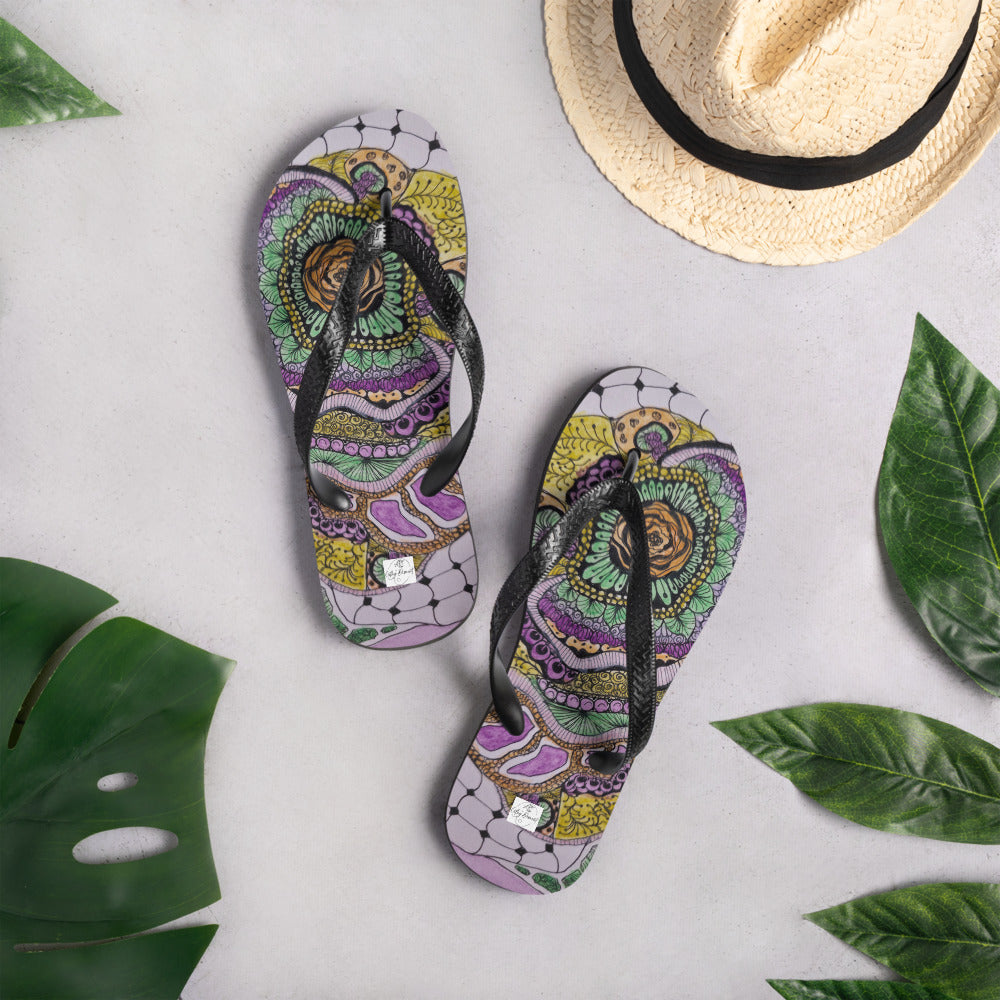 Flip-Flops - Zen Floral Bliss - Colorful Zentangle Abstract Artwork Design, Wearable Art Shoes