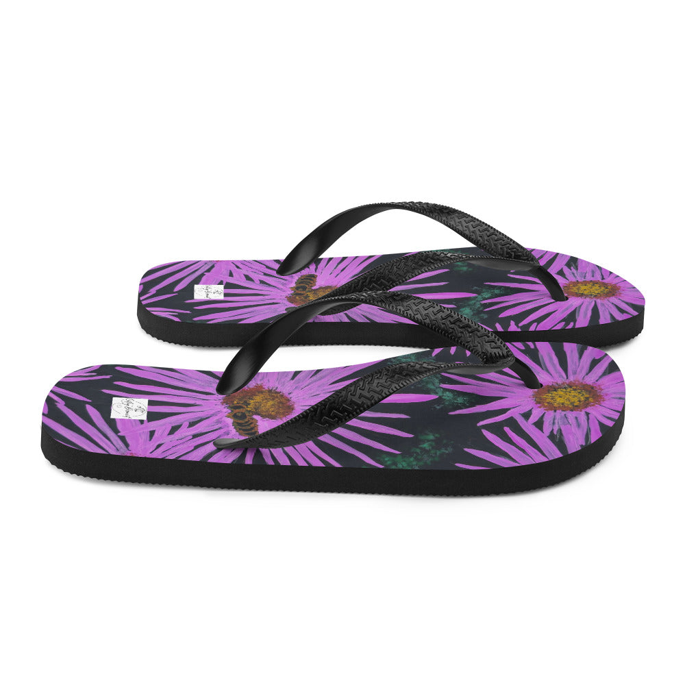 Flip-Flops - Purple Aster Flowers with Bee - Colorful Floral Artwork Design, Wearable Art Shoes