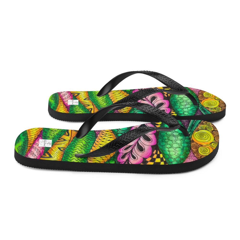 Flip-Flops - Zen Bloom - Colorful Zentangle Abstract Artwork Design, Wearable Art Shoes