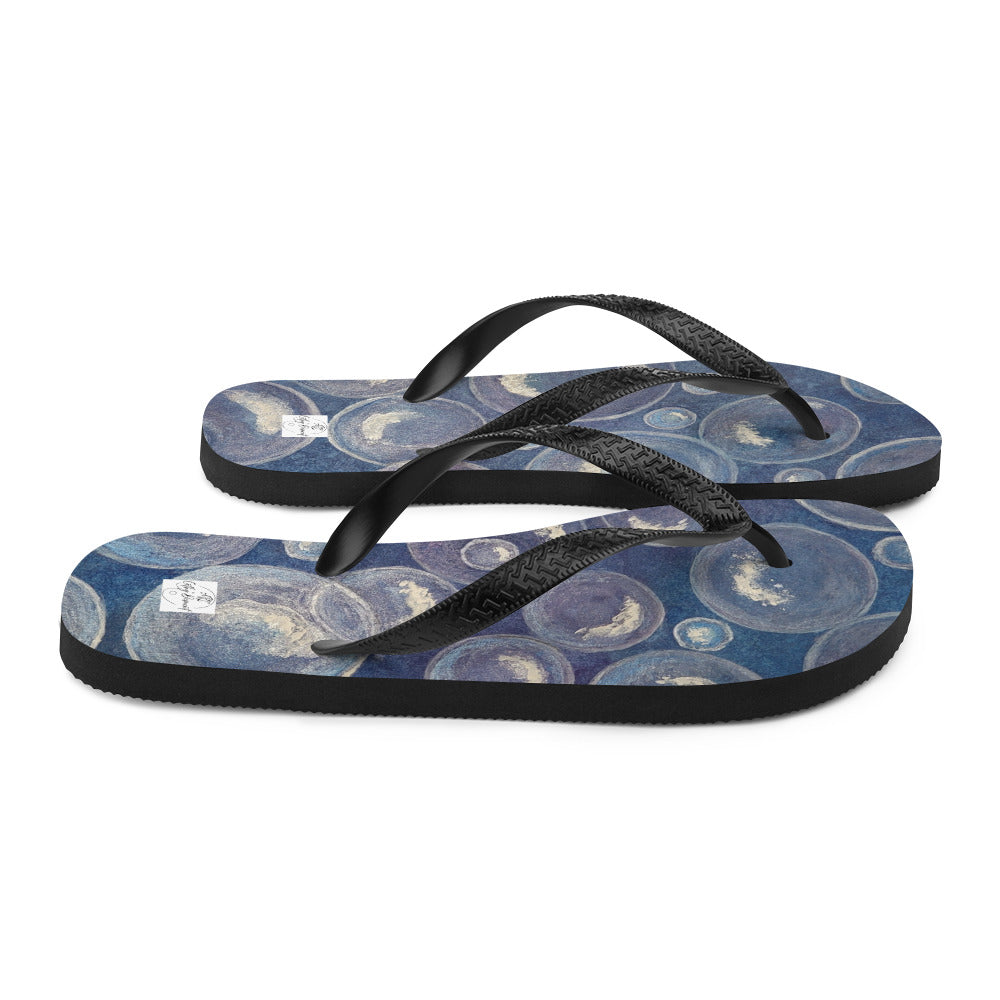 Flip-Flops - Tranquil Reflections - Colorful Blue and White Bubble Artwork Design, Wearable Art Shoes