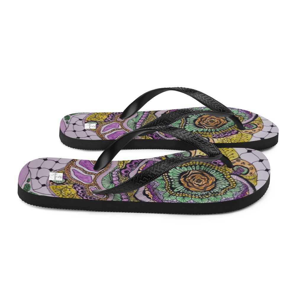 Flip-Flops - Zen Floral Bliss - Colorful Zentangle Abstract Artwork Design, Wearable Art Shoes