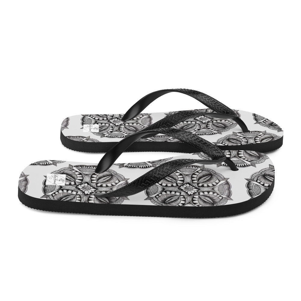 Flip-Flops - Zen-Dala - Monochrome Mandala Zentangle Abstract Artwork Design, Wearable Art Shoes