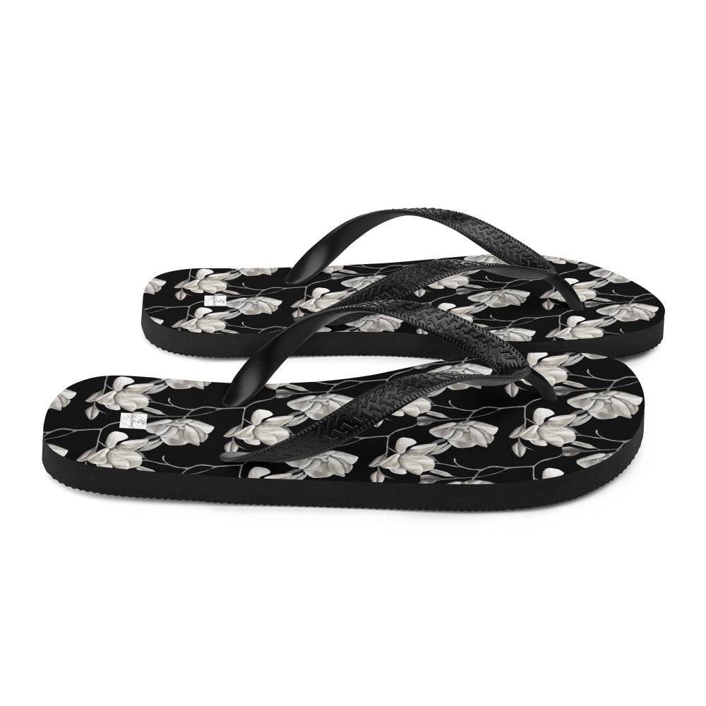 Flip-Flops - Midnight Magnolias - Monochrome Black and White Floral Artwork Design, Wearable Art Shoes