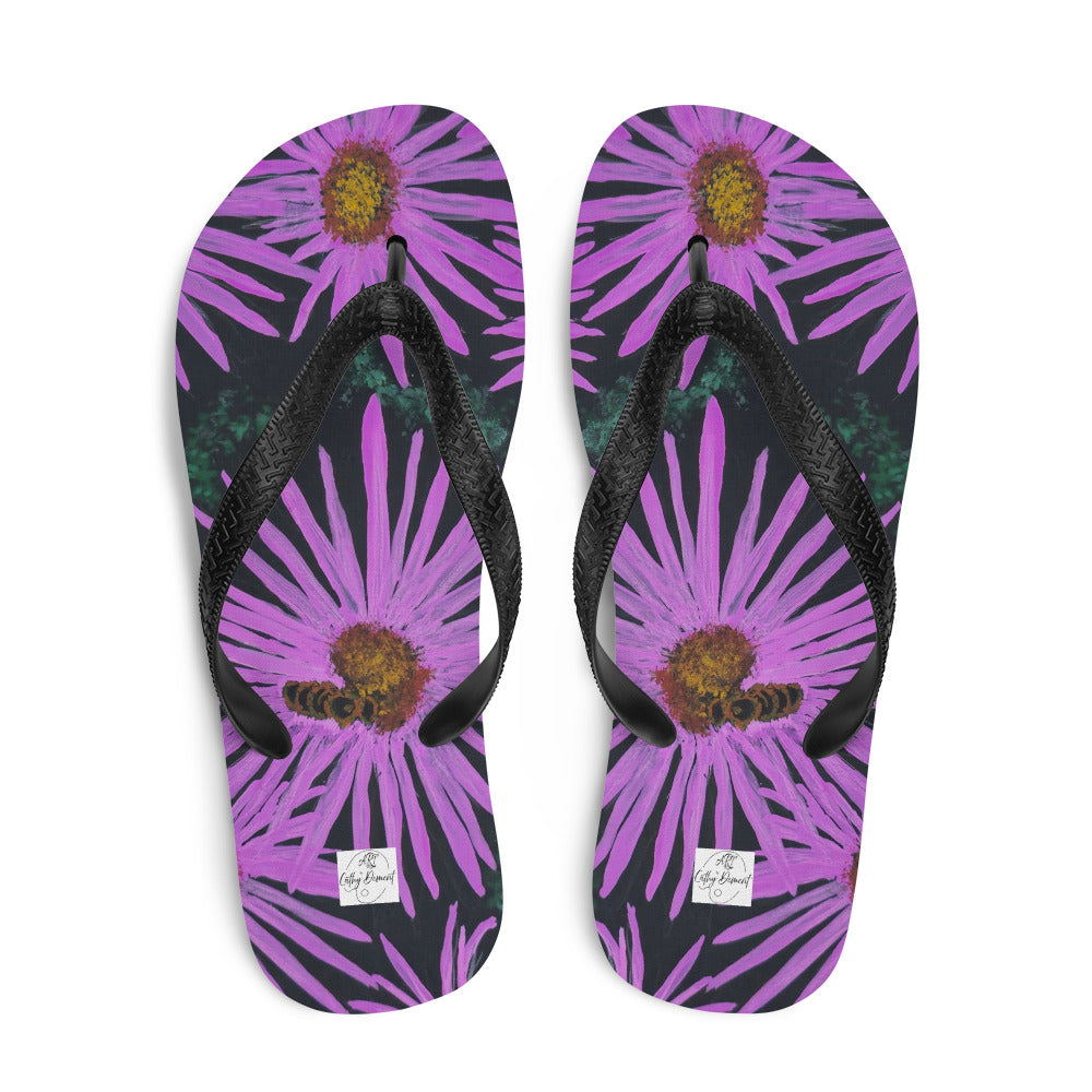 Flip-Flops - Purple Aster Flowers with Bee - Colorful Floral Artwork Design, Wearable Art Shoes