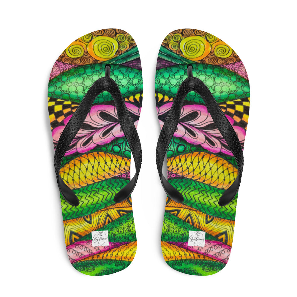 Flip-Flops - Zen Bloom - Colorful Zentangle Abstract Artwork Design, Wearable Art Shoes