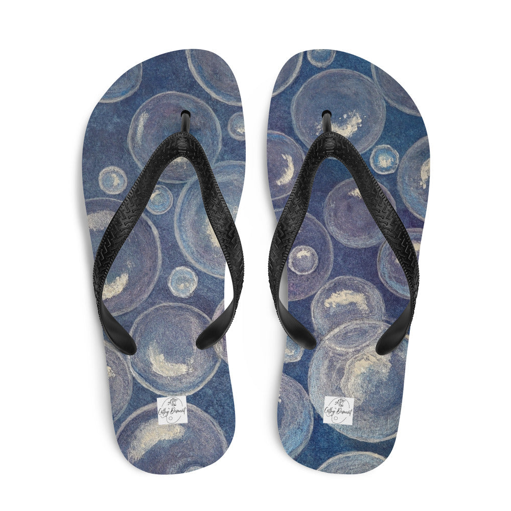 Flip-Flops - Tranquil Reflections - Colorful Blue and White Bubble Artwork Design, Wearable Art Shoes