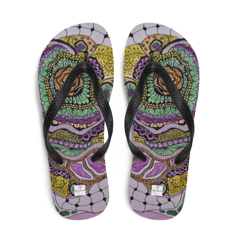 Flip-Flops - Zen Floral Bliss - Colorful Zentangle Abstract Artwork Design, Wearable Art Shoes