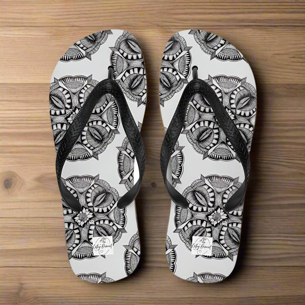 Flip-Flops - Zen-Dala - Monochrome Mandala Zentangle Abstract Artwork Design, Wearable Art Shoes