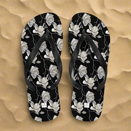 Flip-Flops - Midnight Magnolias - Monochrome Black and White Floral Artwork Design, Wearable Art Shoes