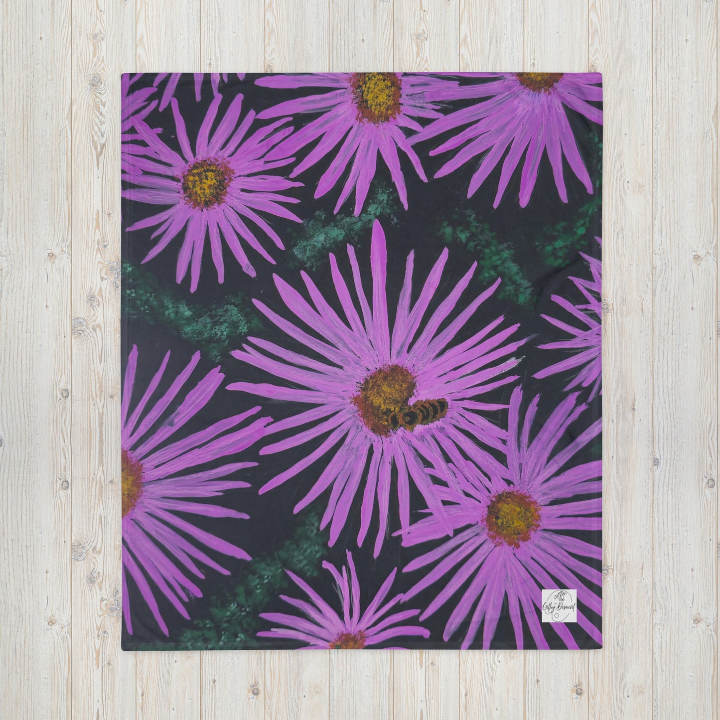 Throw Blanket - Purple Flowers and Bee - Colorful Floral Artwork Design