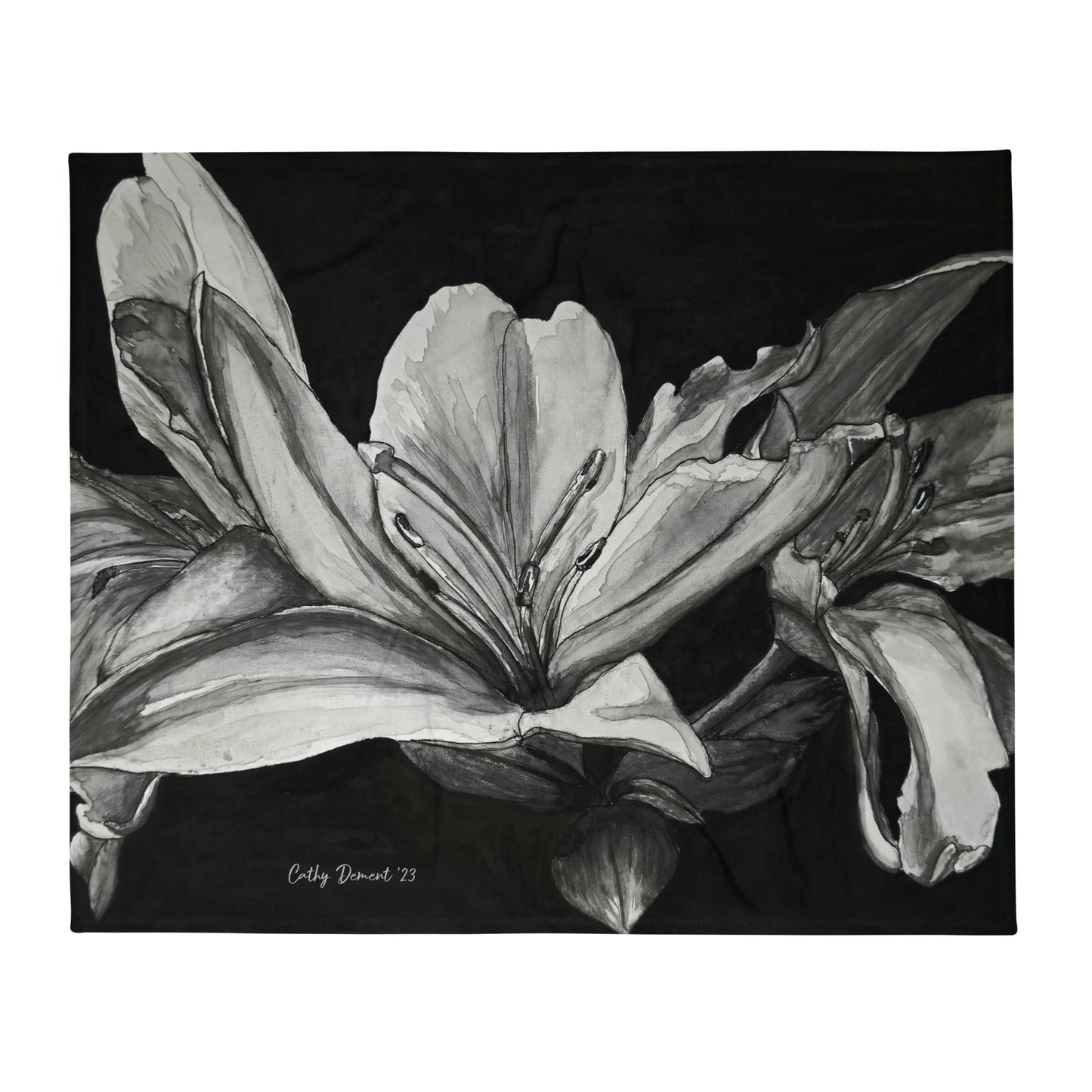 Throw Blanket - Floral Elegance: Lily Flower Monochrome Black and White Artwork Design