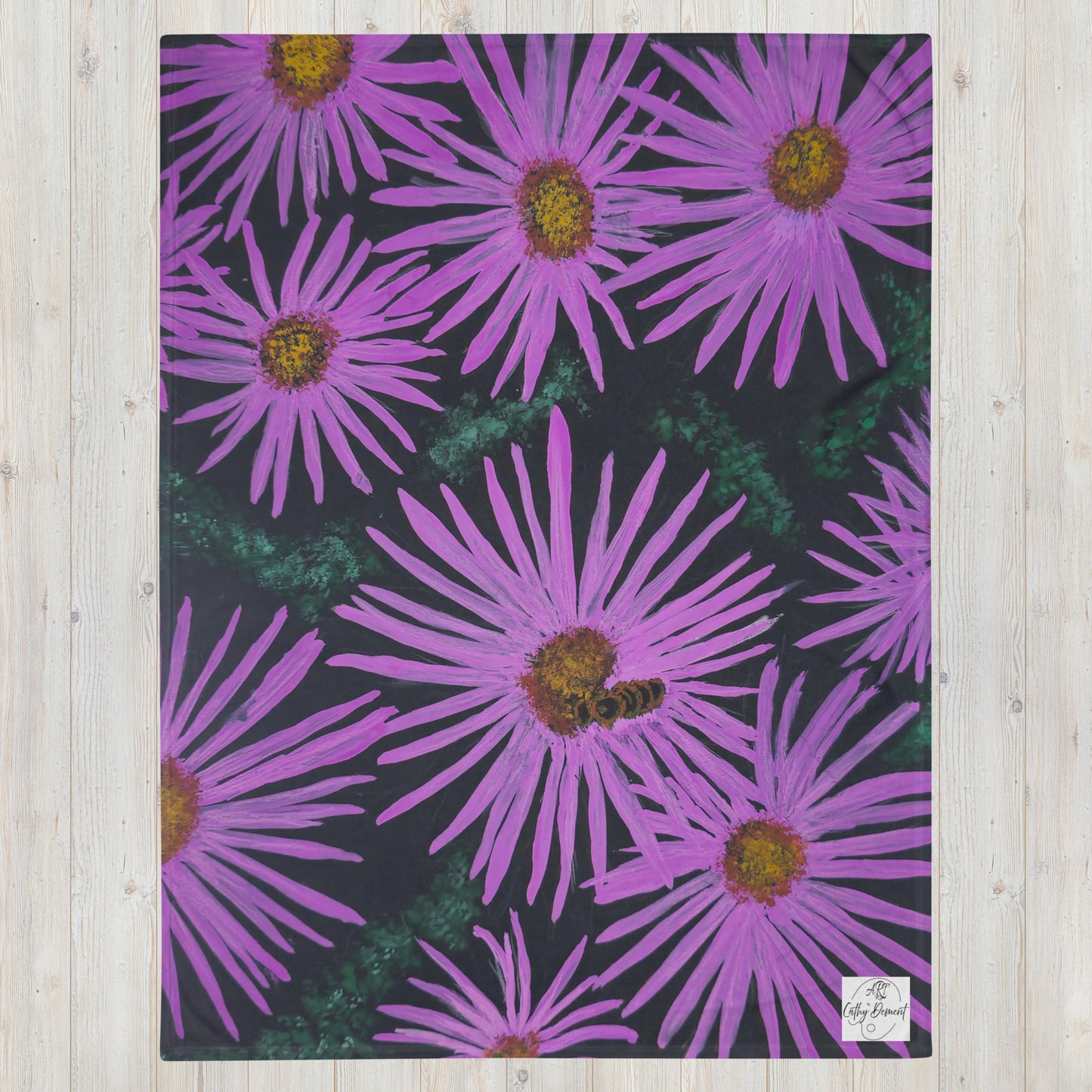 Purple Flowers and Bee Artwork Throw Blanket