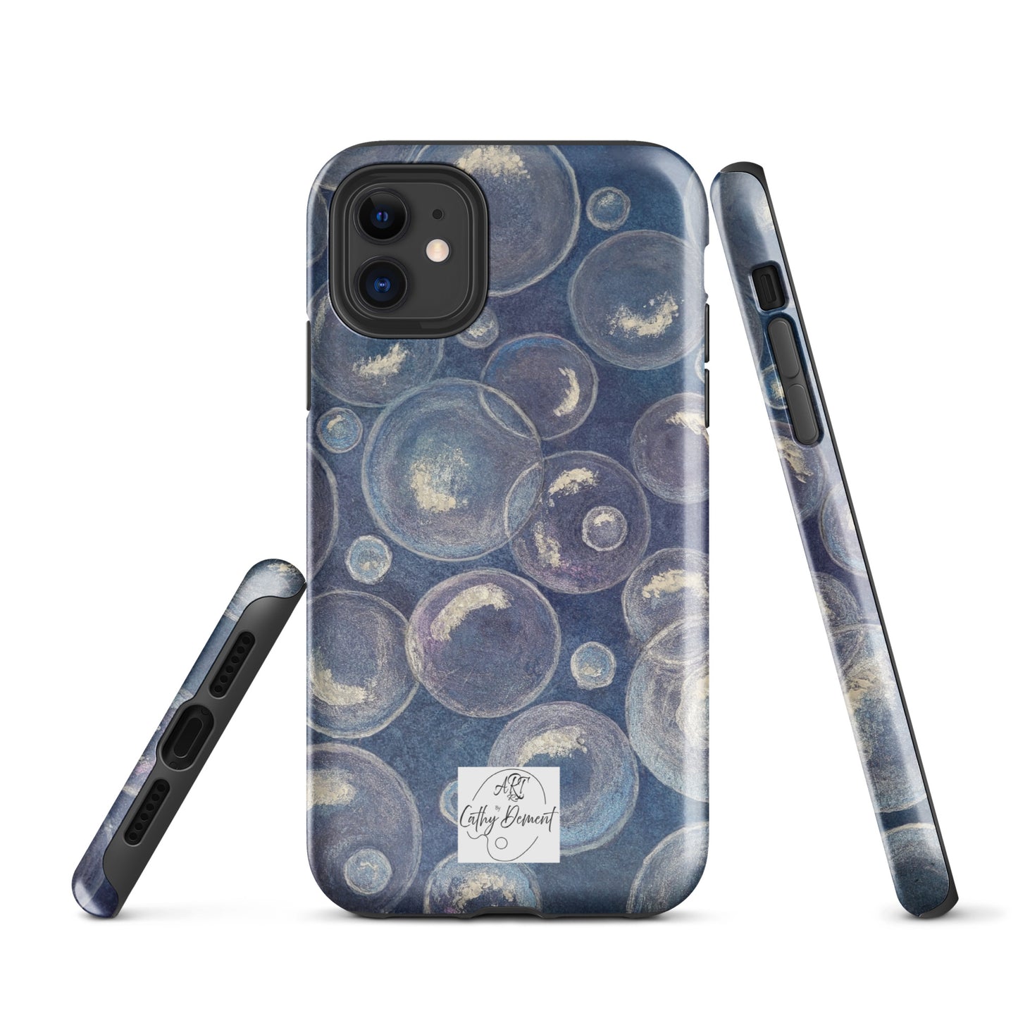 Tough Phone Case for iPhone® - Tranquil Reflections: Blue and White Bubbles Artwork Design