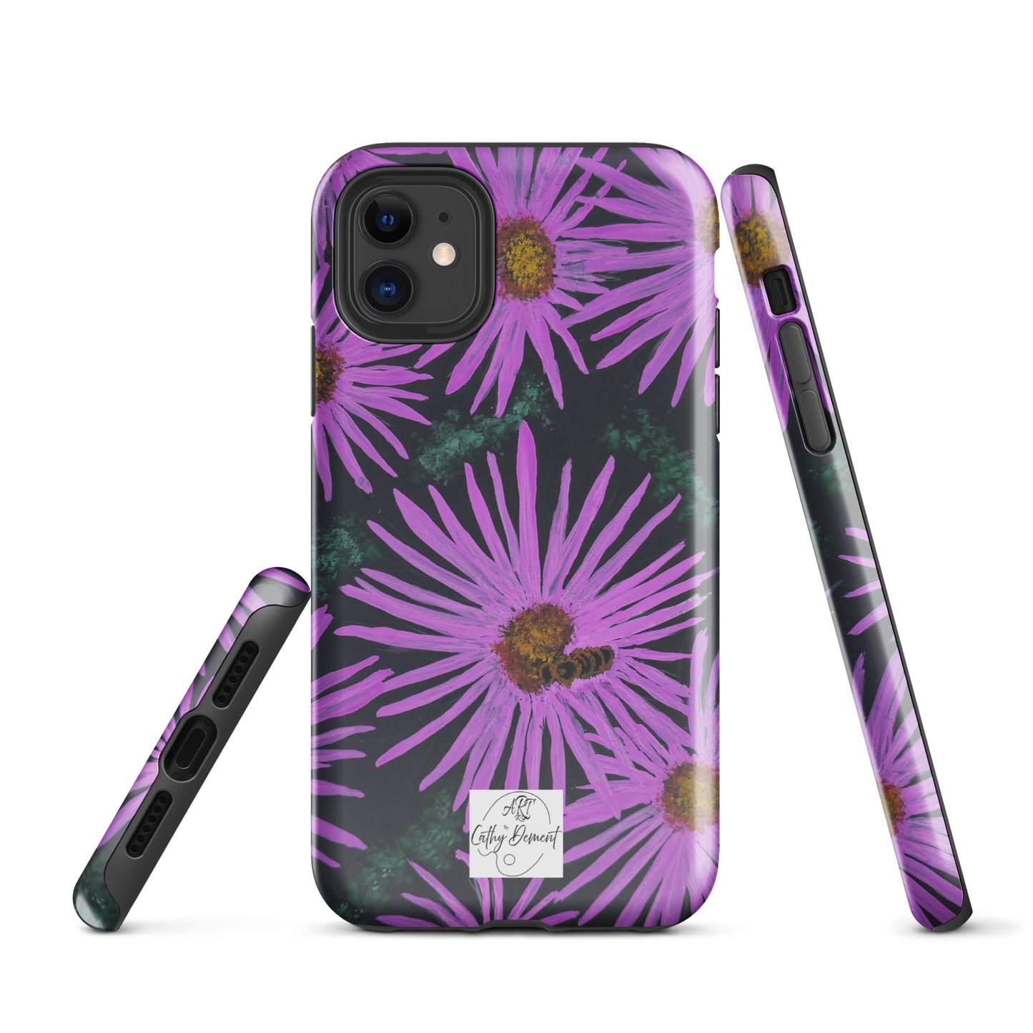 Tough Phone Case for iPhone® - Purple Aster Flowers With Bee Artwork Design