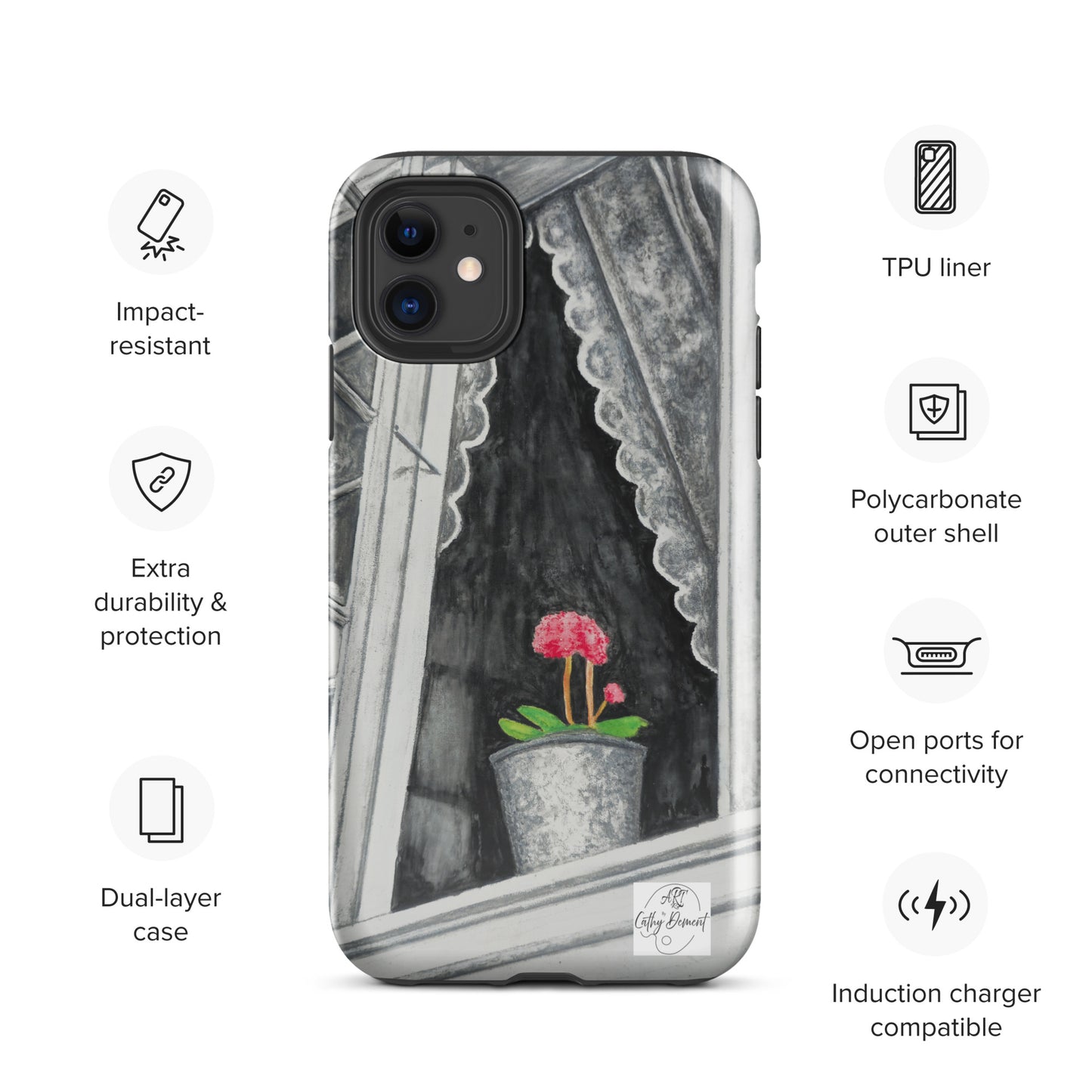 Tough iPhone Case - Norway Monochrome Window Portrait with Pink Flower Artwork by Cathy Dement