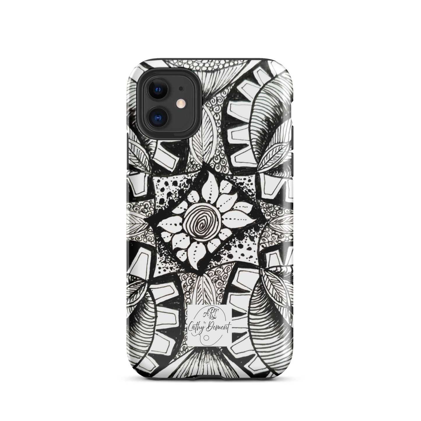 Tough Case for iPhone® - Zen-dala, Monochrome Zentangle, Floral Artwork Design Cellphone Case