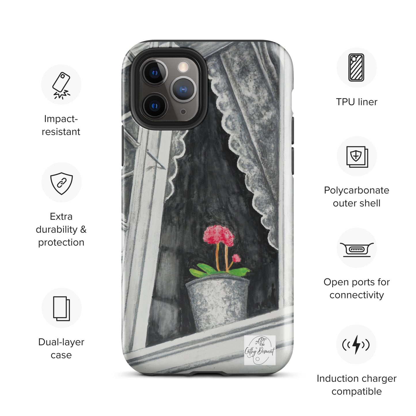 Tough iPhone Case - Norway Monochrome Window Portrait with Pink Flower Artwork by Cathy Dement