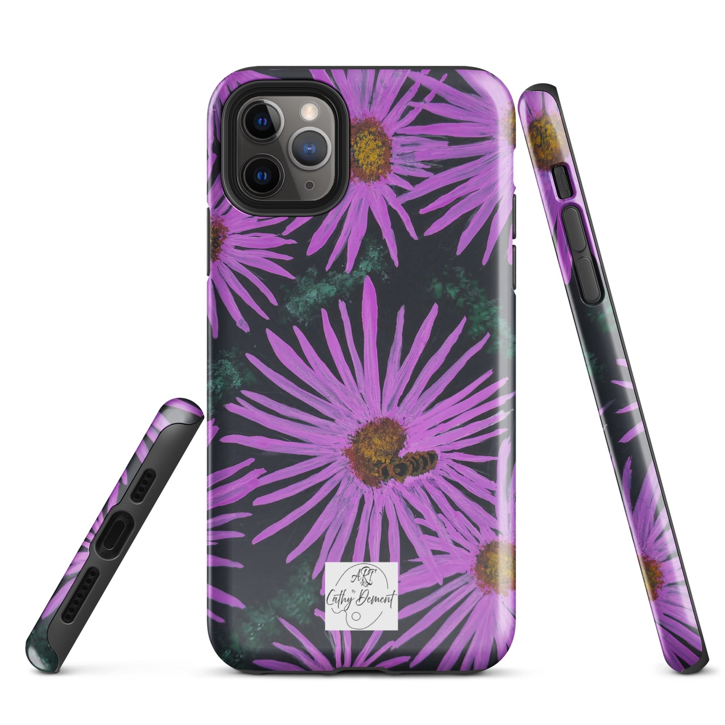 Tough Phone Case for iPhone® - Purple Aster Flowers With Bee Artwork Design