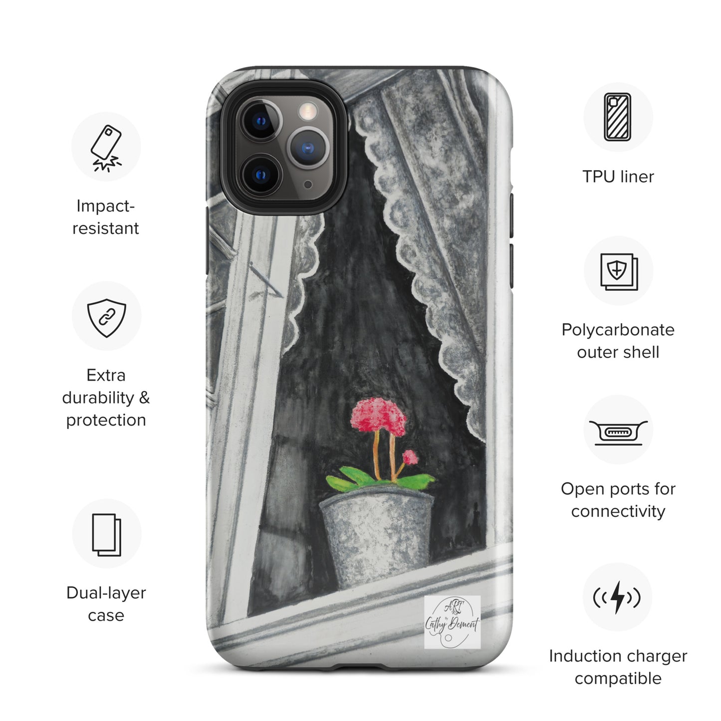 Tough iPhone Case - Norway Monochrome Window Portrait with Pink Flower Artwork by Cathy Dement