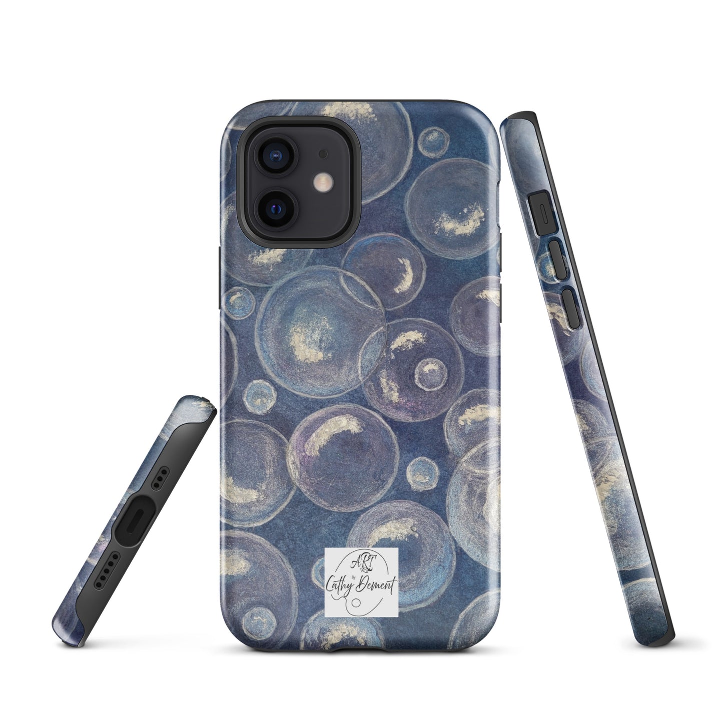 Tough Phone Case for iPhone® - Tranquil Reflections: Blue and White Bubbles Artwork Design