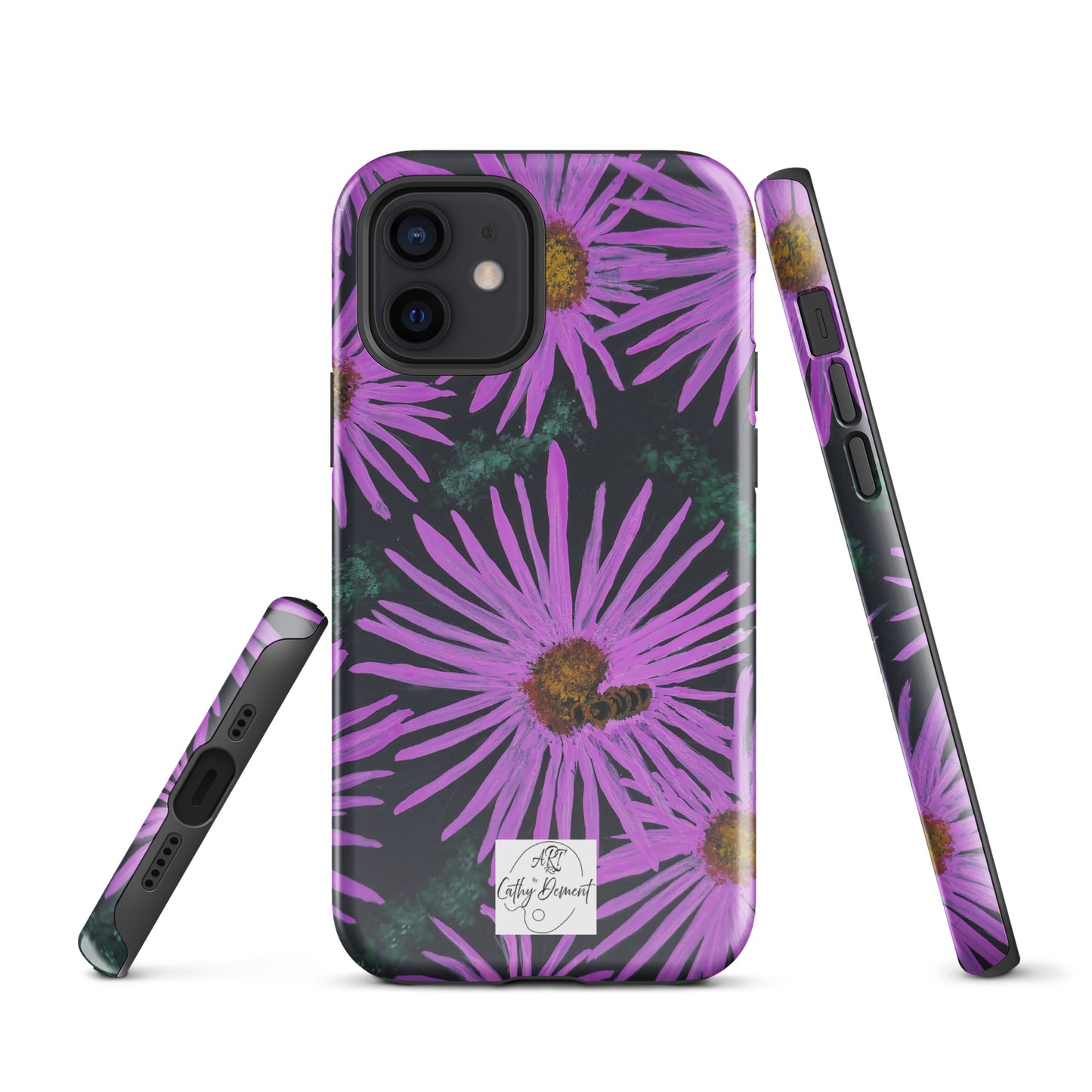 Tough Phone Case for iPhone® - Purple Aster Flowers With Bee Artwork Design