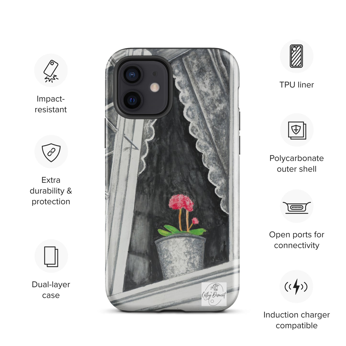 Tough iPhone Case - Norway Monochrome Window Portrait with Pink Flower Artwork by Cathy Dement