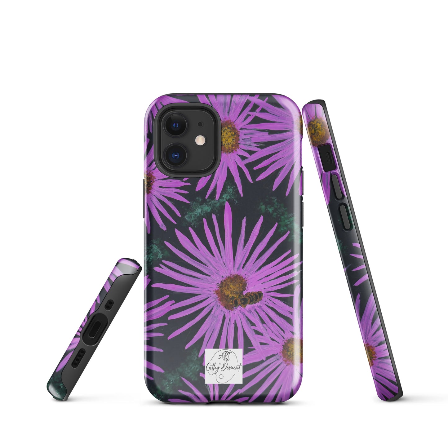 Tough Phone Case for iPhone® - Purple Aster Flowers With Bee Artwork Design