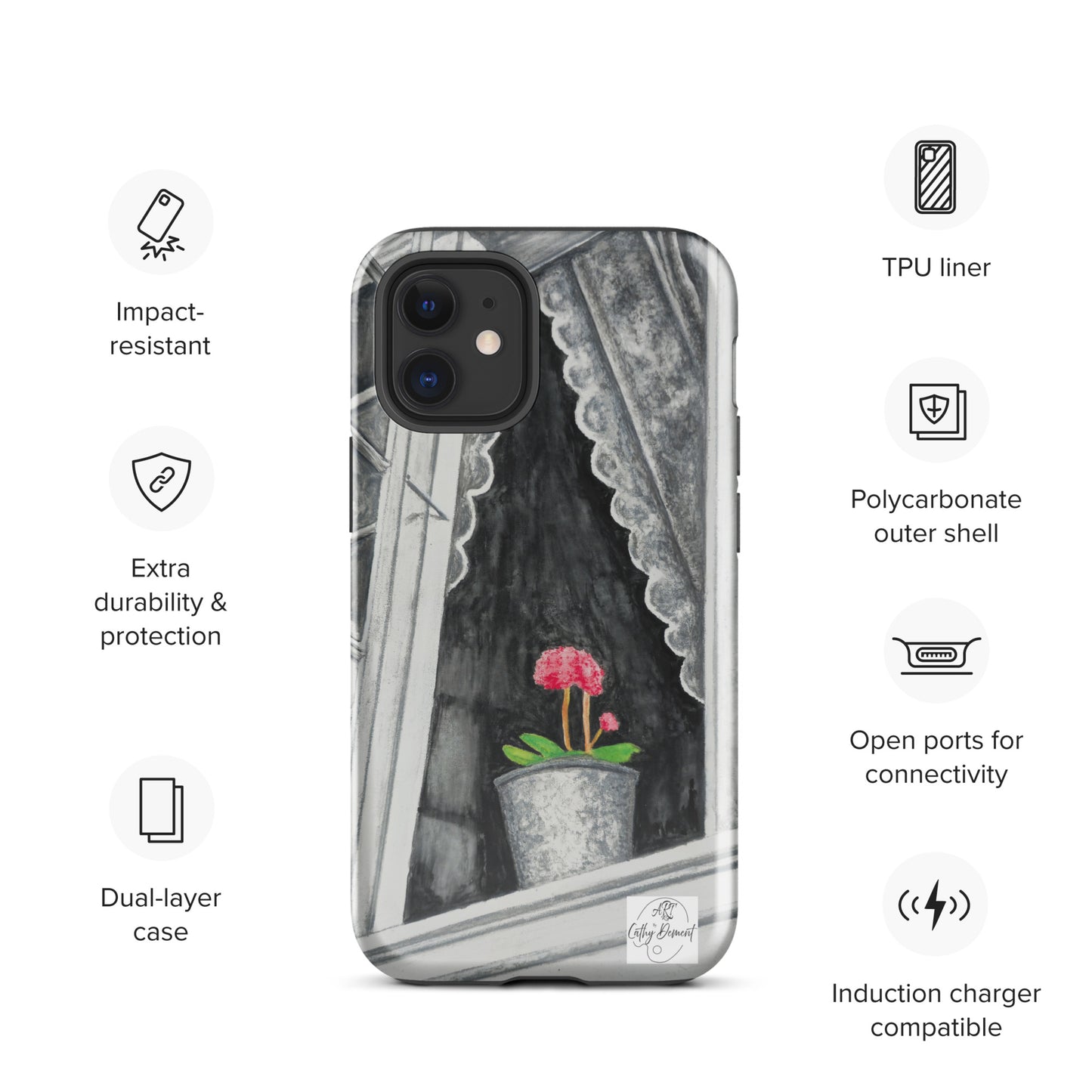 Tough iPhone Case - Norway Monochrome Window Portrait with Pink Flower Artwork by Cathy Dement