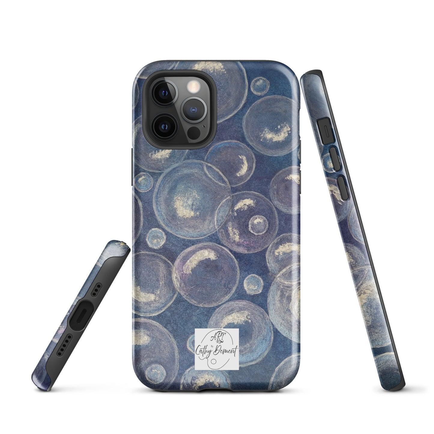 Tough Phone Case for iPhone® - Tranquil Reflections: Blue and White Bubbles Artwork Design