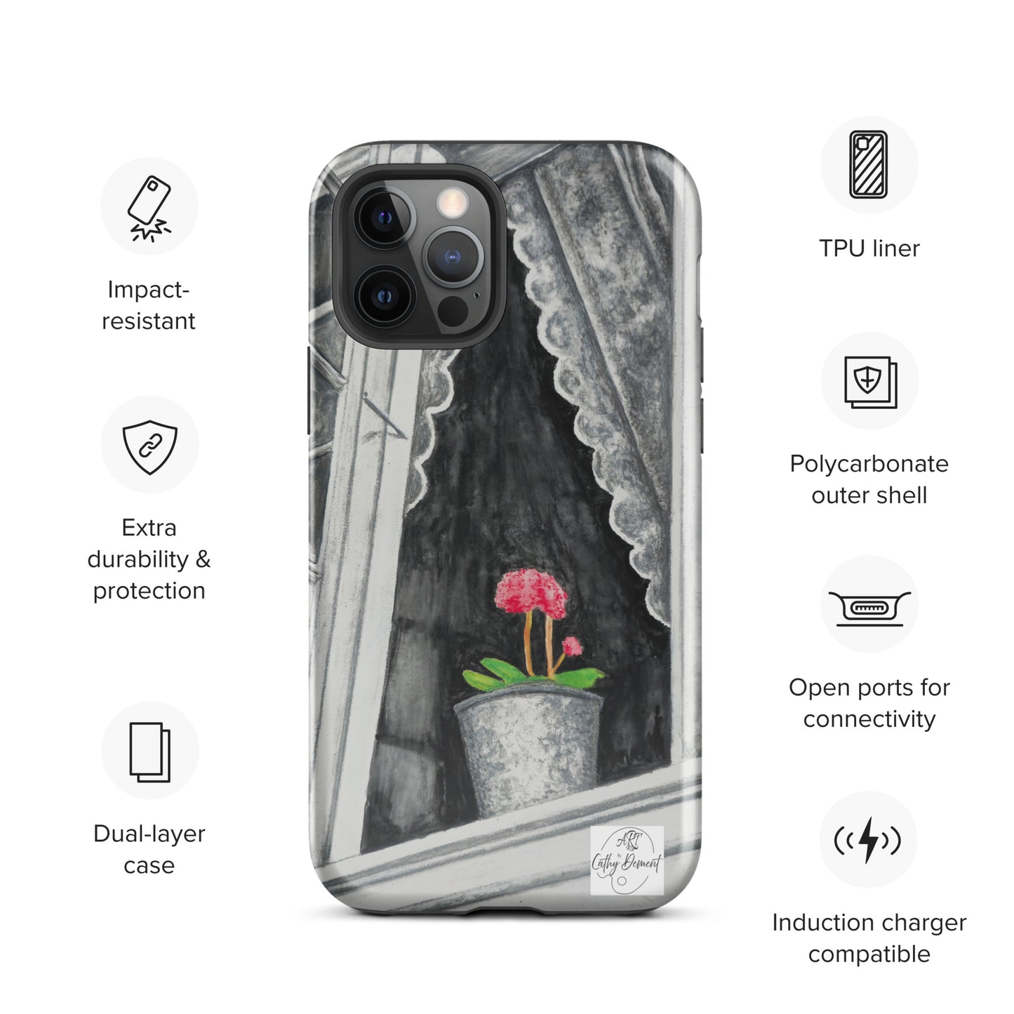 Tough iPhone Case - Norway Monochrome Window Portrait with Pink Flower Artwork by Cathy Dement