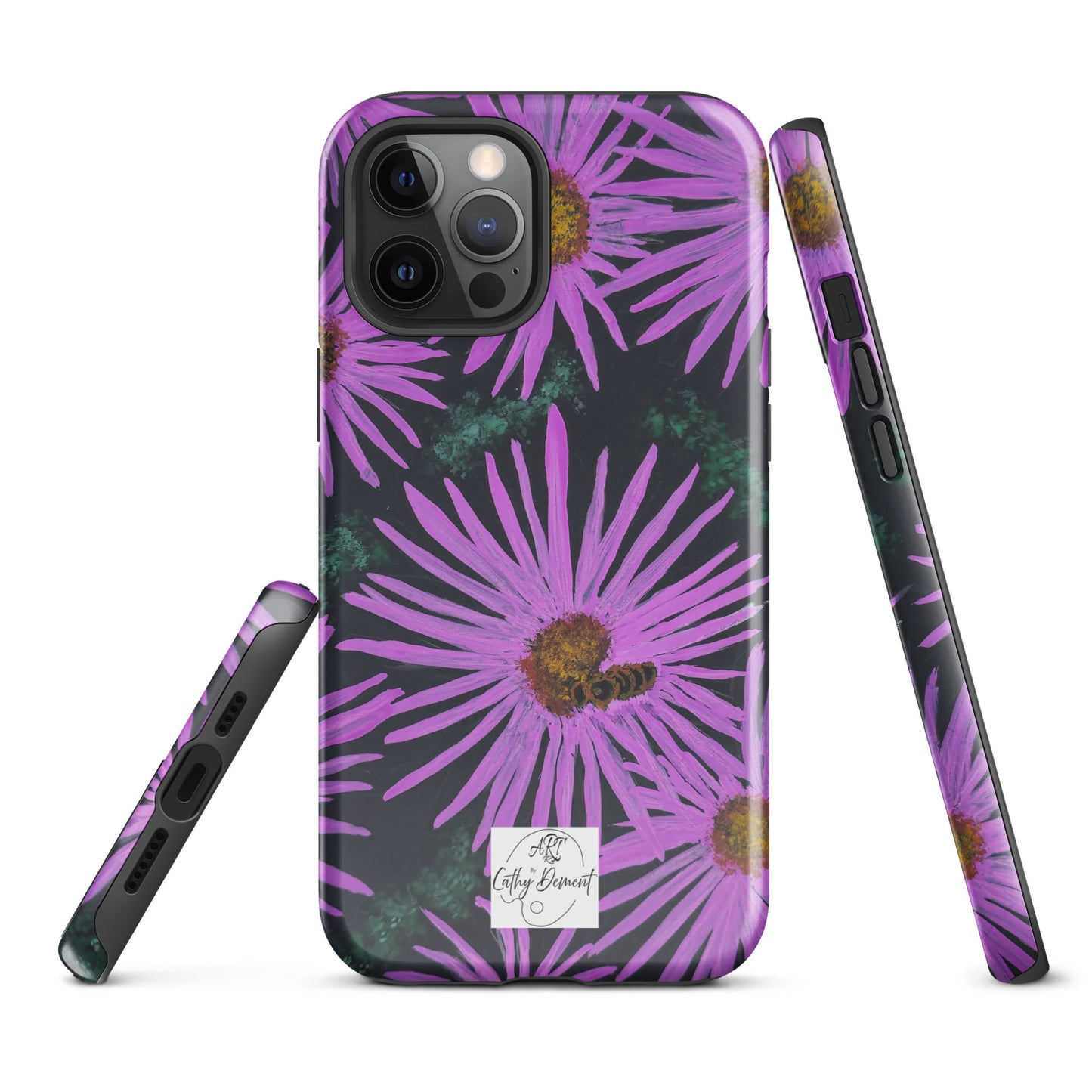 Tough Phone Case for iPhone® - Purple Aster Flowers With Bee Artwork Design