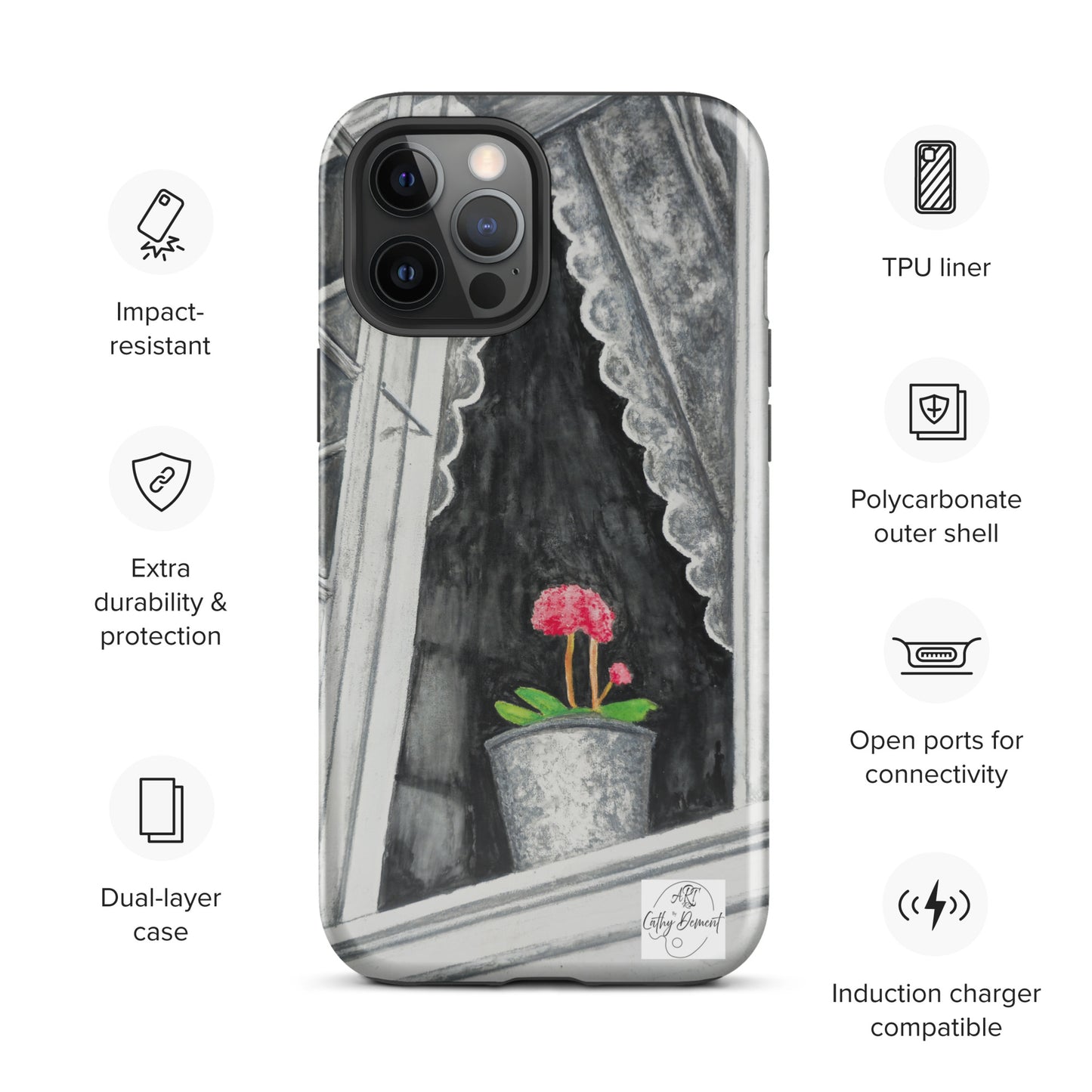 Tough iPhone Case - Norway Monochrome Window Portrait with Pink Flower Artwork by Cathy Dement