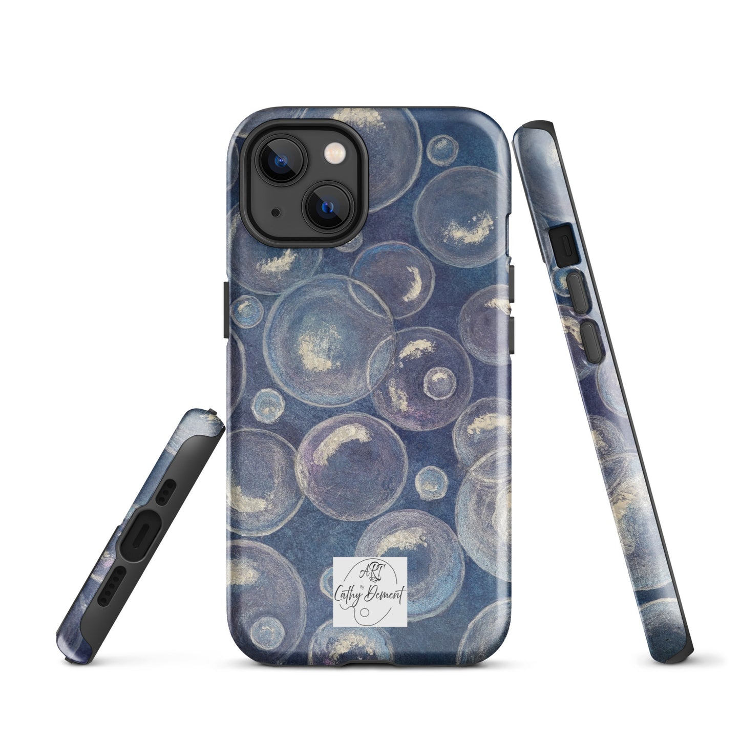 Tough Phone Case for iPhone® - Tranquil Reflections: Blue and White Bubbles Artwork Design