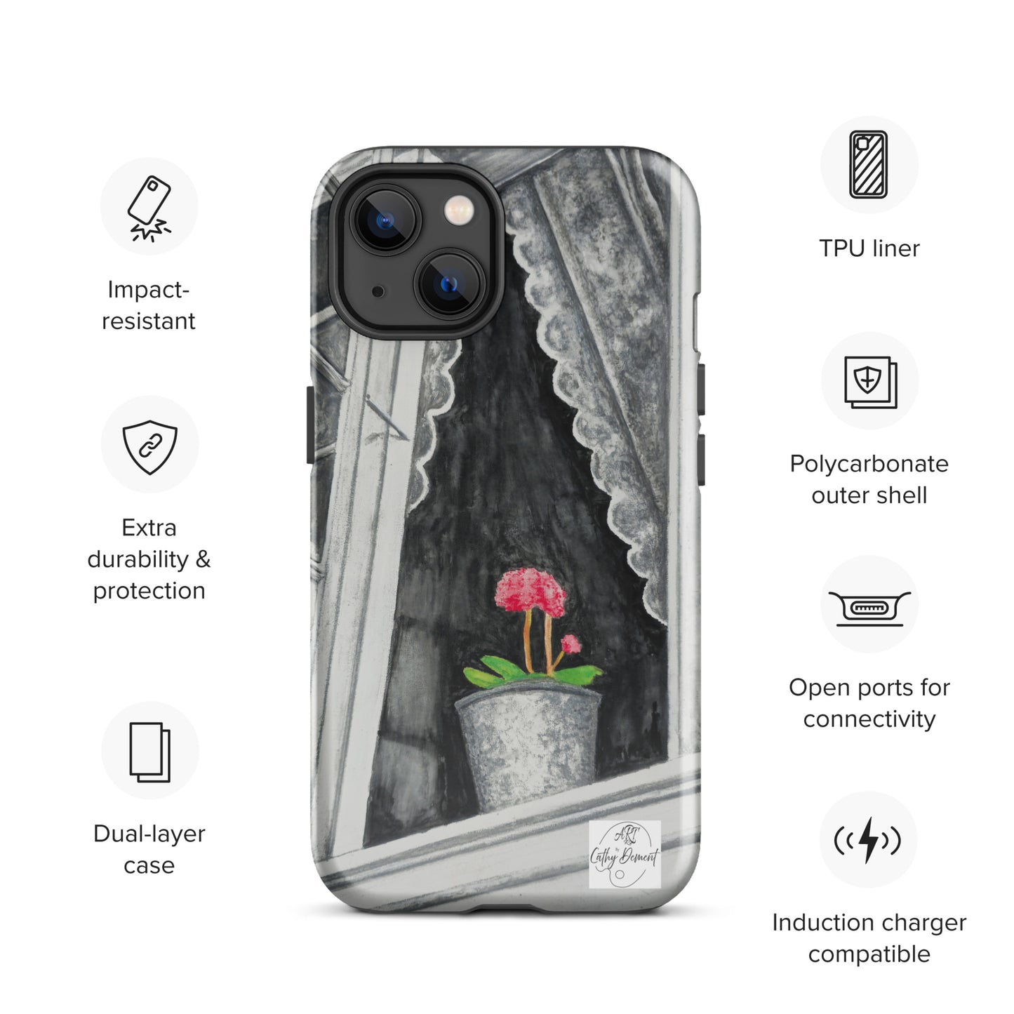 Tough iPhone Case - Norway Monochrome Window Portrait with Pink Flower Artwork by Cathy Dement