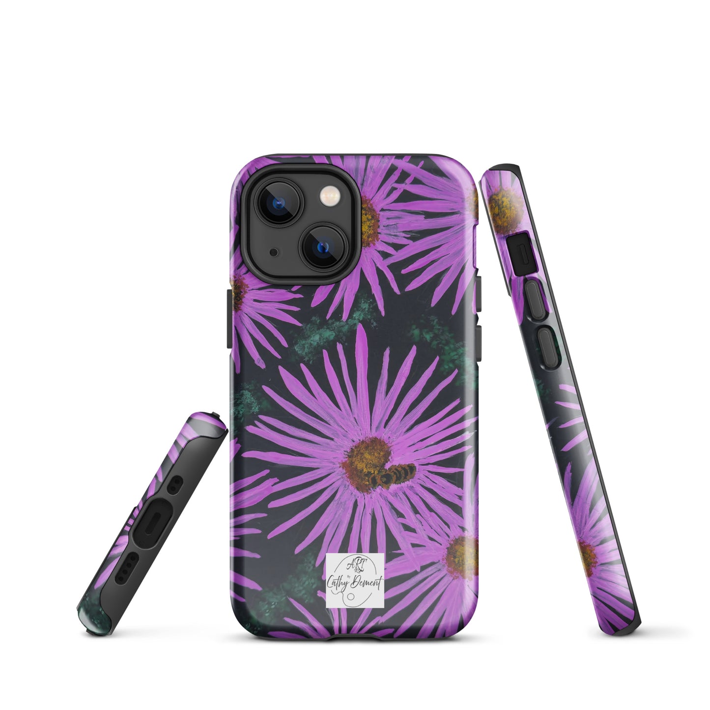 Tough Phone Case for iPhone® - Purple Aster Flowers With Bee Artwork Design