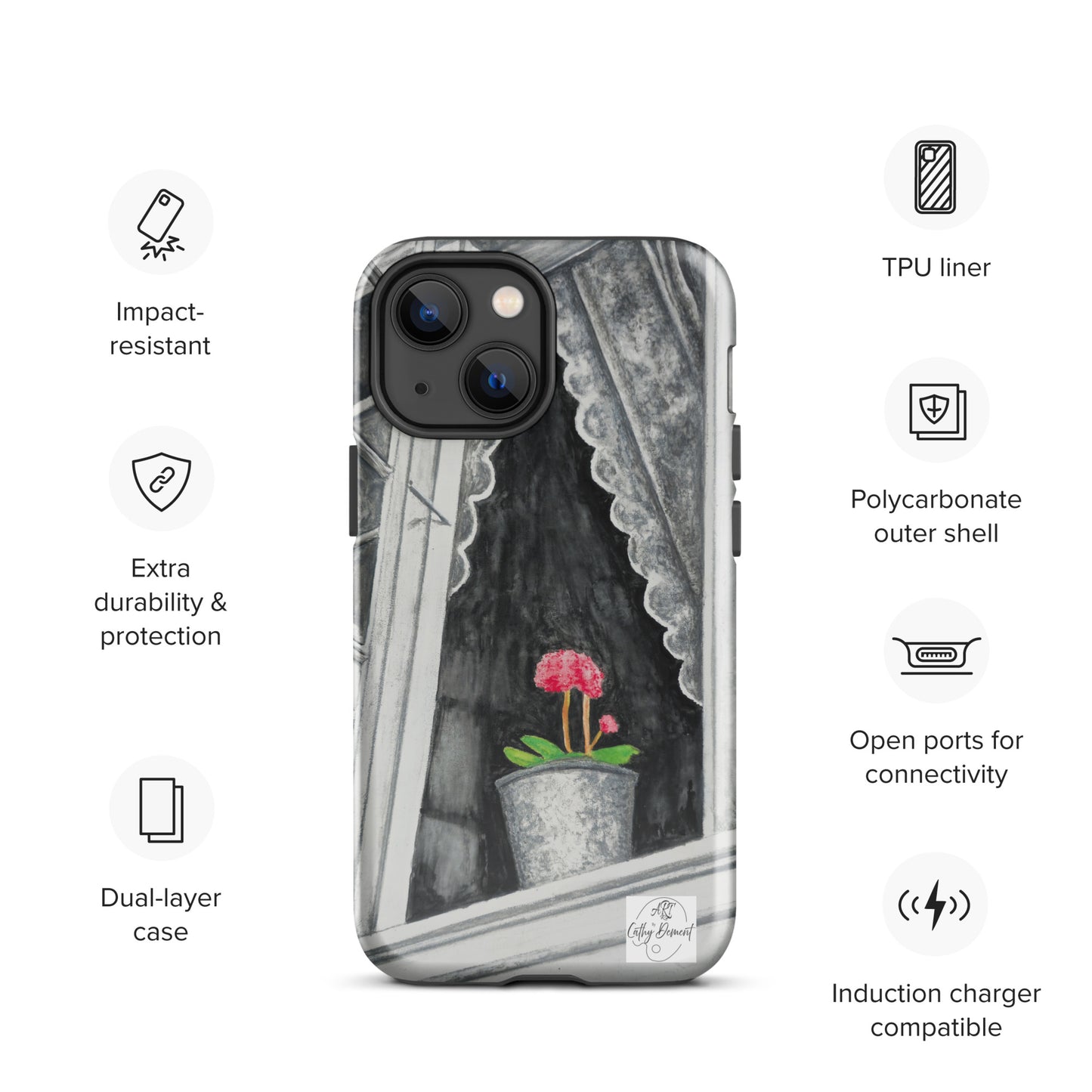 Tough iPhone Case - Norway Monochrome Window Portrait with Pink Flower Artwork by Cathy Dement