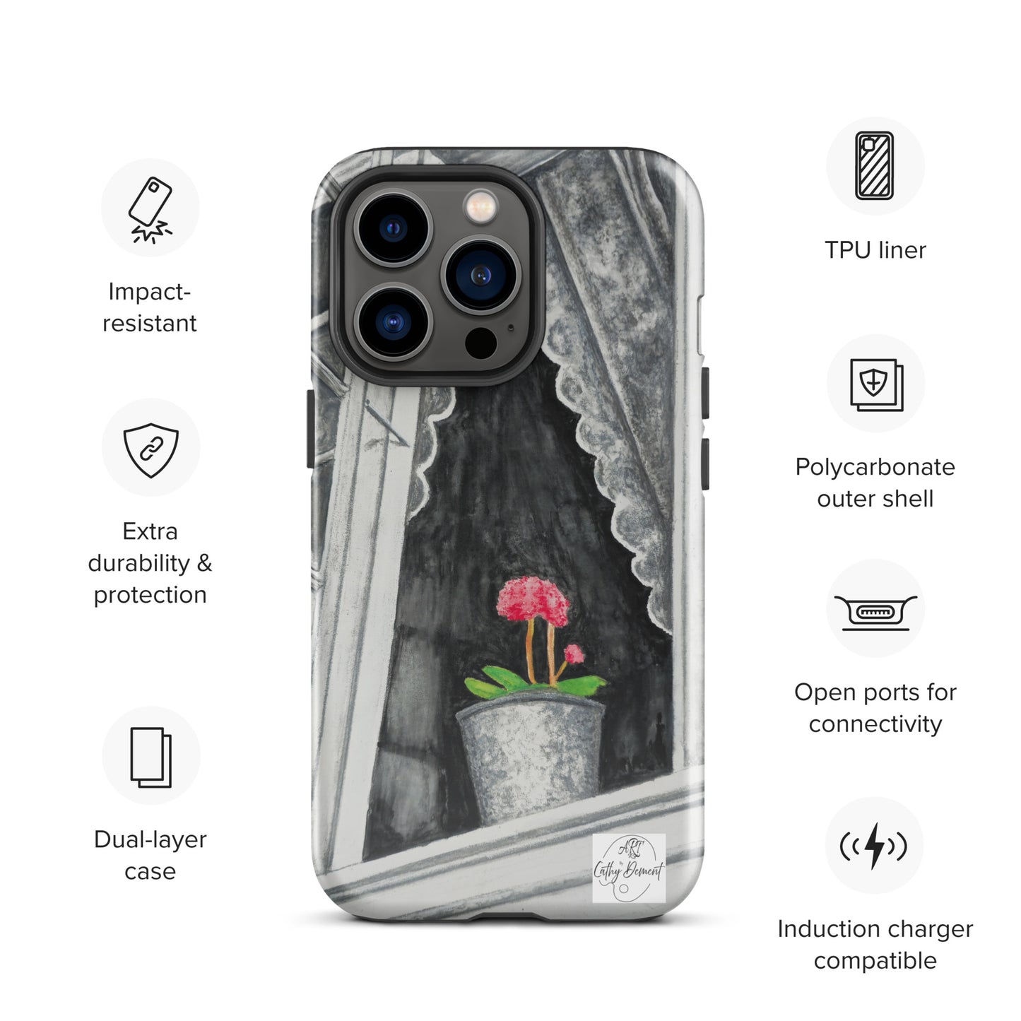 Tough iPhone Case - Norway Monochrome Window Portrait with Pink Flower Artwork by Cathy Dement