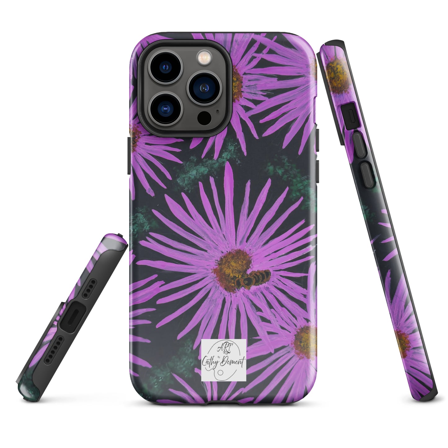 Tough Phone Case for iPhone® - Purple Aster Flowers With Bee Artwork Design