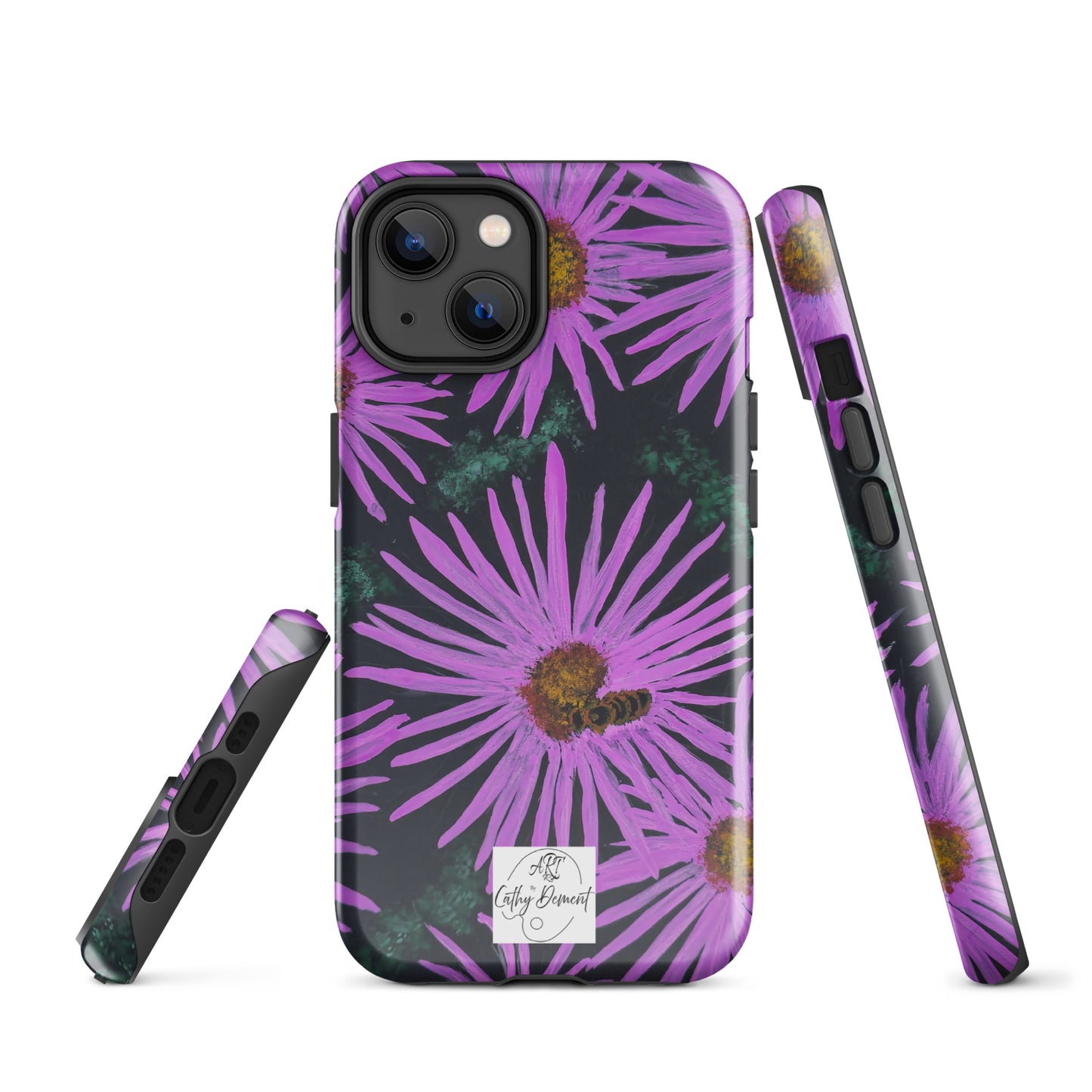 Tough Phone Case for iPhone® - Purple Aster Flowers With Bee Artwork Design