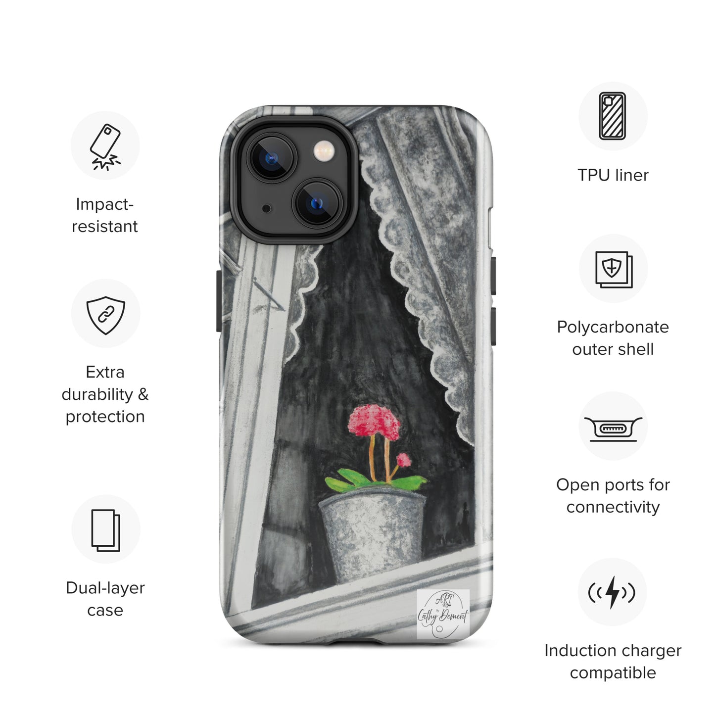 Tough iPhone Case - Norway Monochrome Window Portrait with Pink Flower Artwork by Cathy Dement