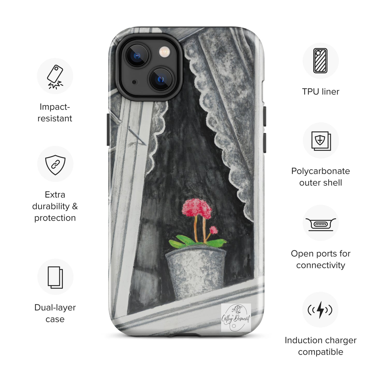 Tough iPhone Case - Norway Monochrome Window Portrait with Pink Flower Artwork by Cathy Dement