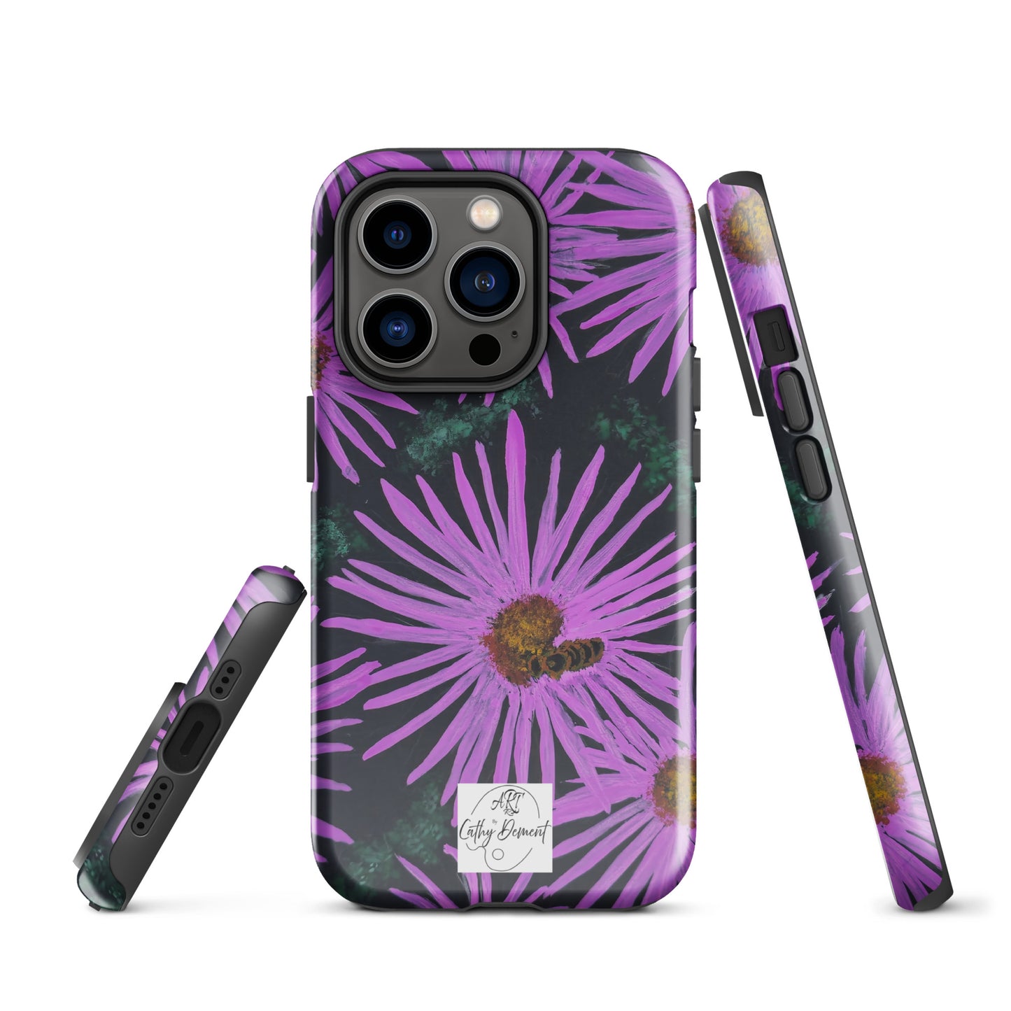 Tough Phone Case for iPhone® - Purple Aster Flowers With Bee Artwork Design