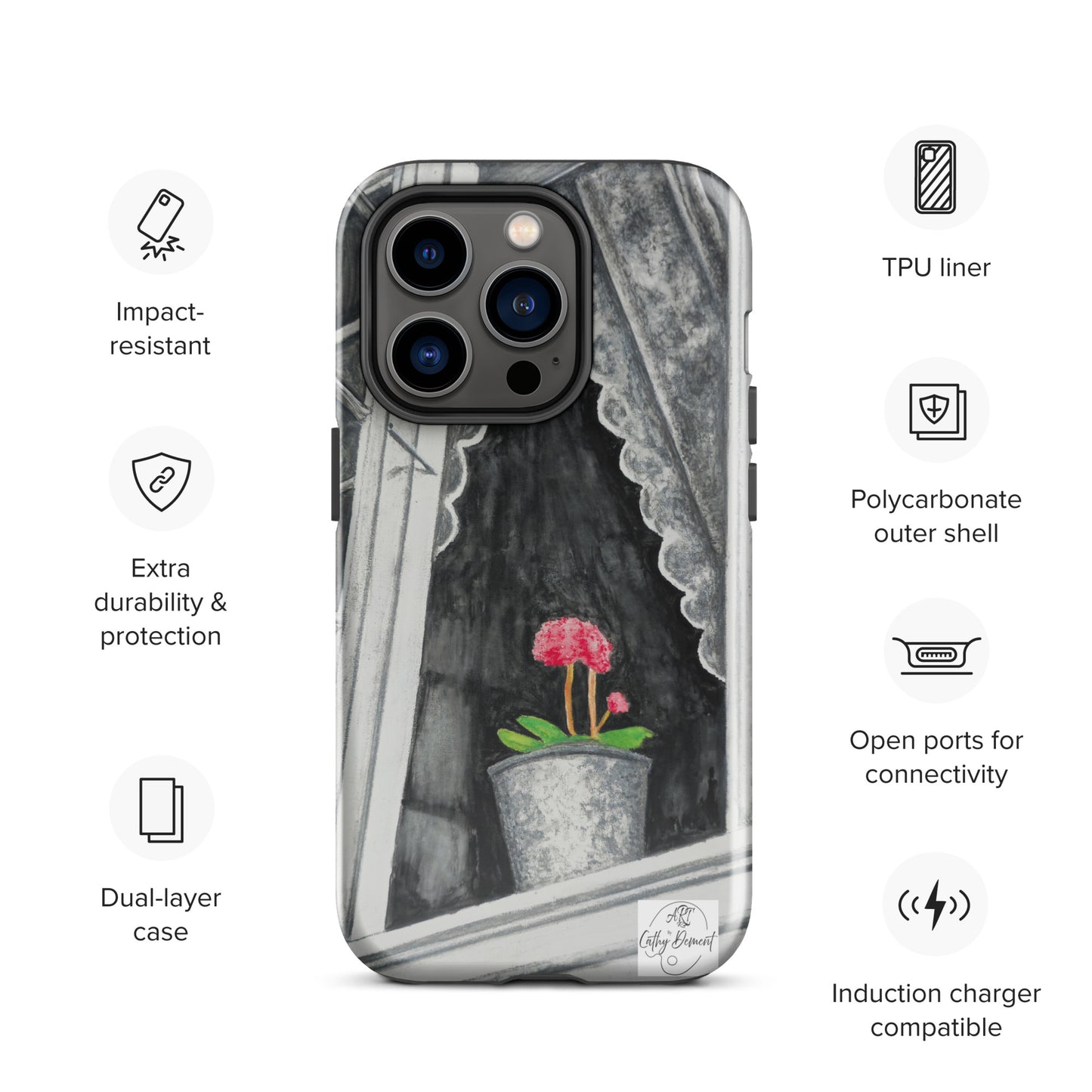 Tough iPhone Case - Norway Monochrome Window Portrait with Pink Flower Artwork by Cathy Dement