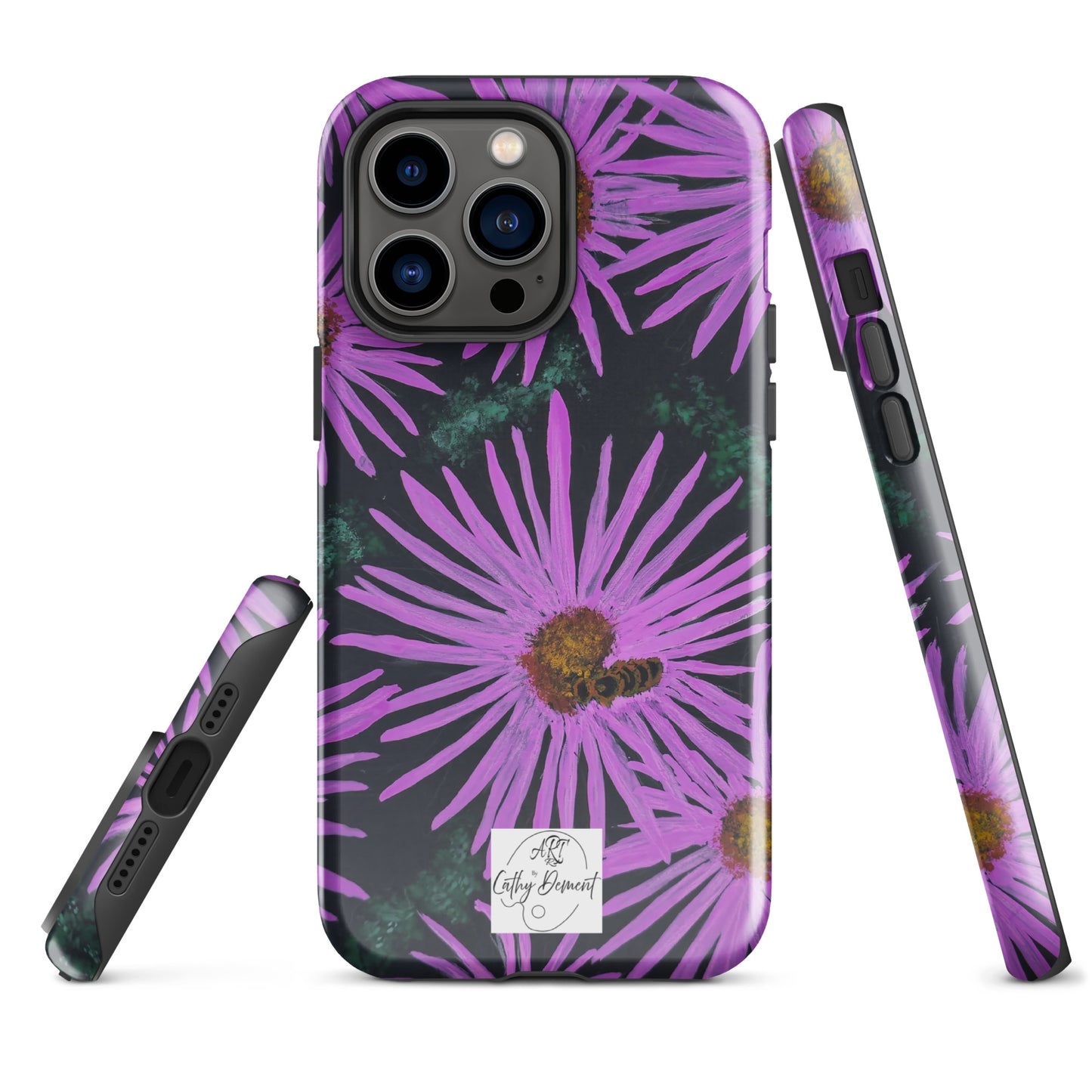 Tough Phone Case for iPhone® - Purple Aster Flowers With Bee Artwork Design