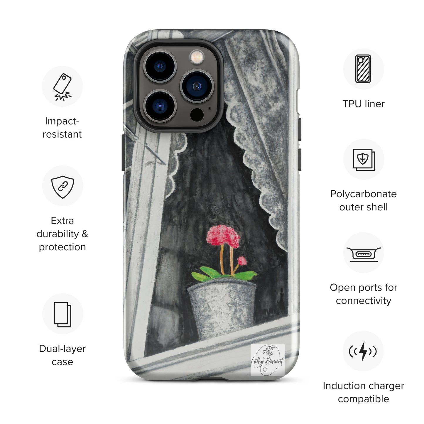 Tough iPhone Case - Norway Monochrome Window Portrait with Pink Flower Artwork by Cathy Dement