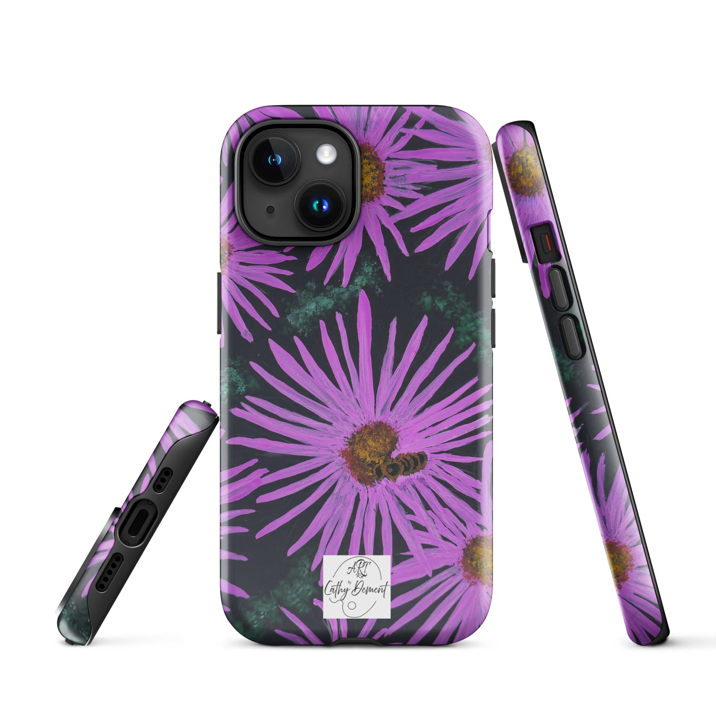 Tough Phone Case for iPhone® - Purple Aster Flowers With Bee Artwork Design