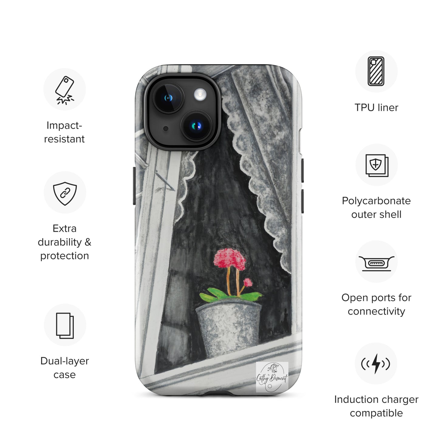 Tough iPhone Case - Norway Monochrome Window Portrait with Pink Flower Artwork by Cathy Dement