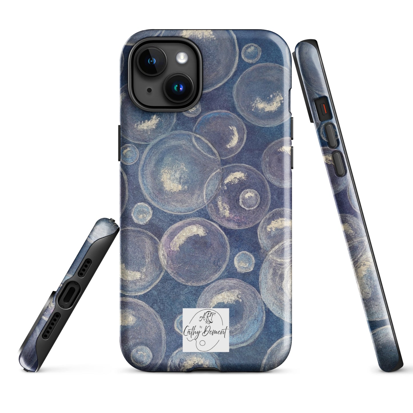 Tough Phone Case for iPhone® - Tranquil Reflections: Blue and White Bubbles Artwork Design